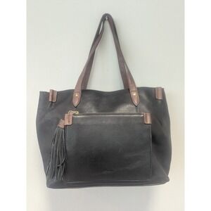 Perlina New York Leather Tote Bag Black Brown Tassel Zip Top Work Shoulder Purse